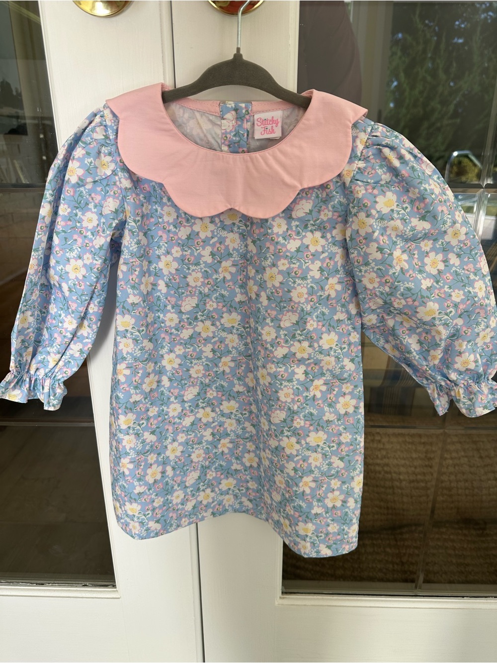 Blue Floral Girls' Long-Sleeve Dress with Pink Peter Pan Collar